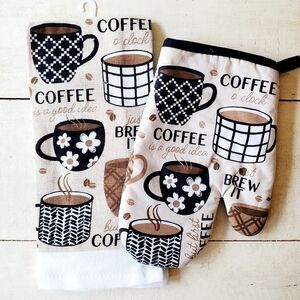 Black and White Coffee Cup Kitchen Towels with Geometric Patterns